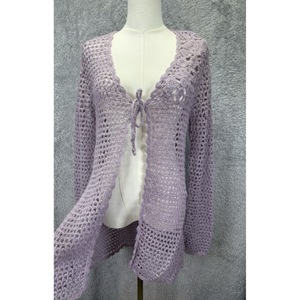Vintage Y2K Newport News Crochet Duster Cardigan M Violet Floral Tie Front Boho